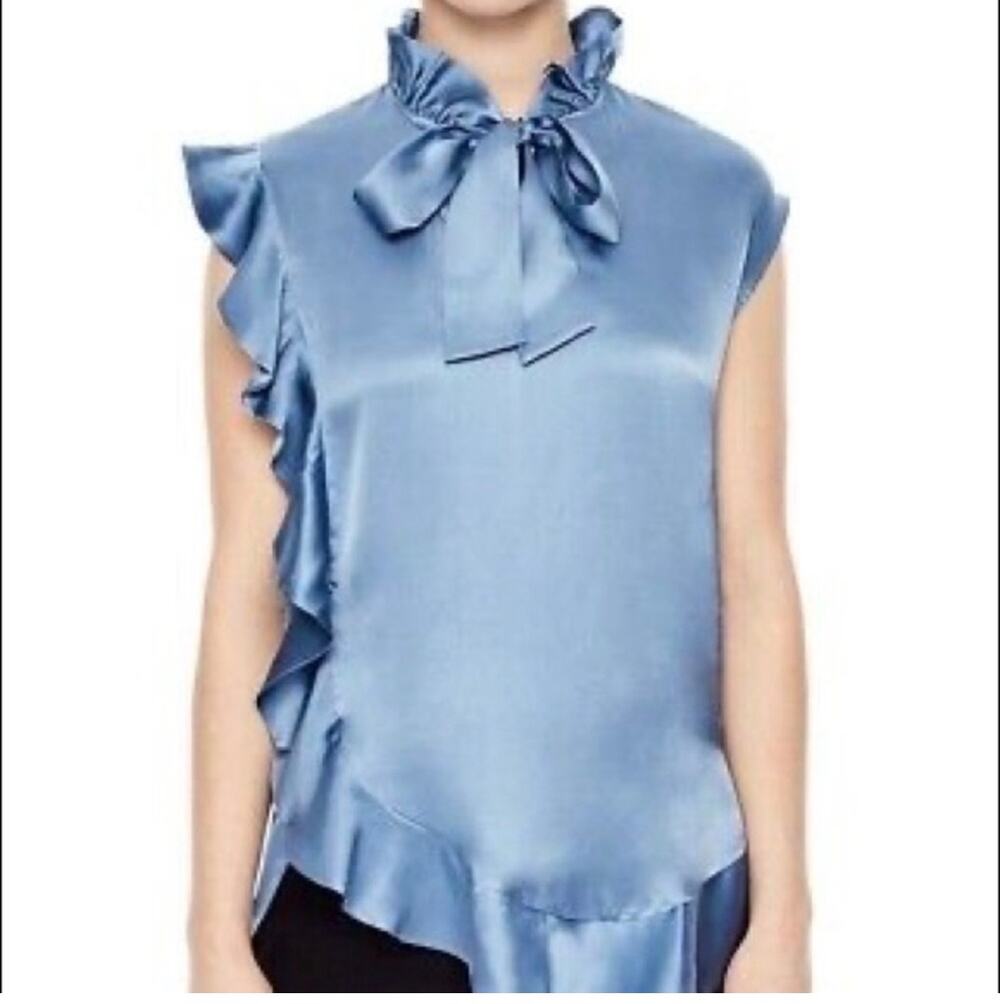 SANDRO Paris 100% Silk Ruffle Sleeveless Mock Neck Tie Blouse 2/ Medium Blue